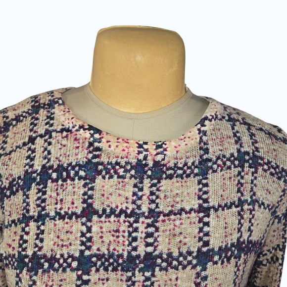 Lucky Brand Womens Small Plaid Split Back Layered Knit Top Navy Pink Cream S - Picture 3 of 10